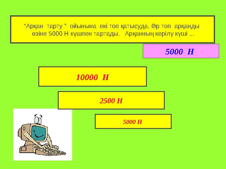 “Арқан тарту ” ойынына екі топ қатысуда. Әр топ арқанды өзіне 5000 Н күшпен тартады. Арқанның керілу күші ... 10000 Н 2