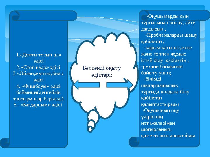 1.«Допты тосып ал» әдісі 2.«Стоп кадр» әдісі 3.«Ойлан,жұптас,бөліс әдісі 4. «Фишбоум» әдісі бойынша(деңгейлік тапсырмала