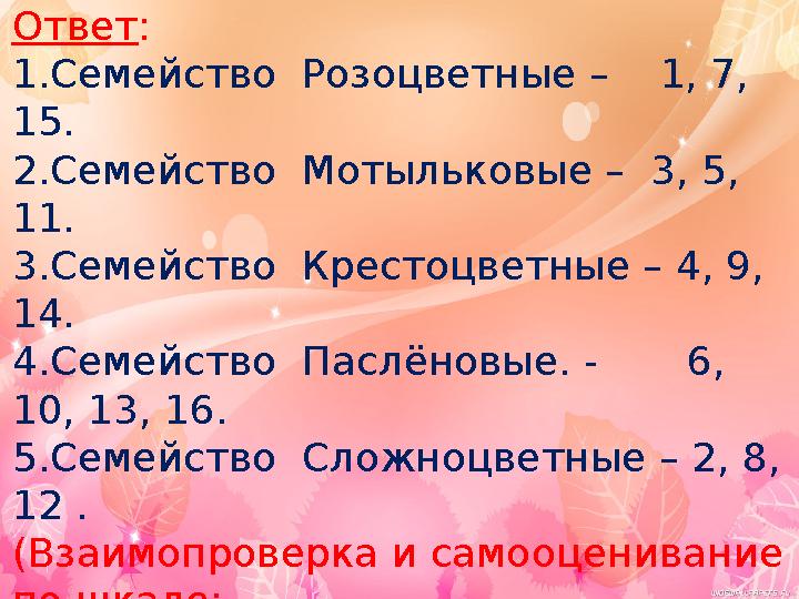 Ответ: 1.Семейство Розоцветные – 1, 7, 15. 2.Семейство Мотыльковые – 3, 5, 11. 3.Семейство Крестоцветные – 4, 9, 14. 4