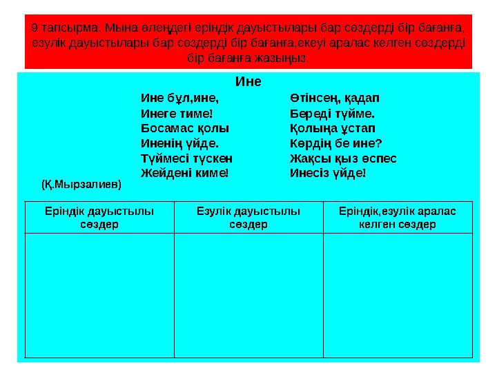 9 тапсырма. Мына өлеңдегі еріндік дауыстылары бар сөздерді бір бағанға, езулік дауыстылары бар сөздерді бір бағанға,екеуі арала