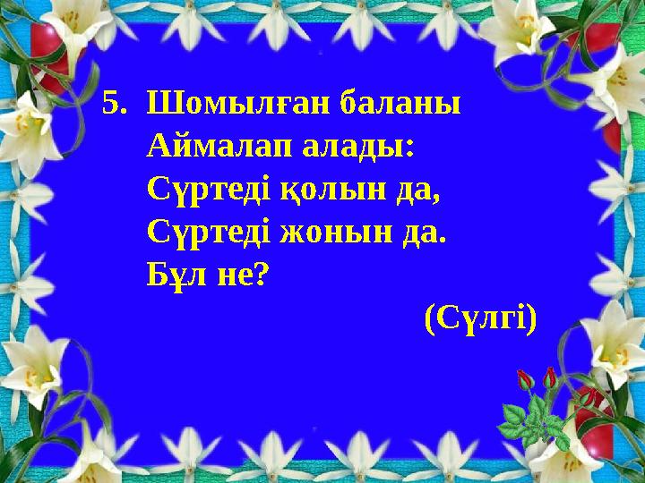 5. Шомылған баланы Аймалап алады: Сүртеді қолын да, Сүртеді жонын да. Бұл не? (Сүлгі)