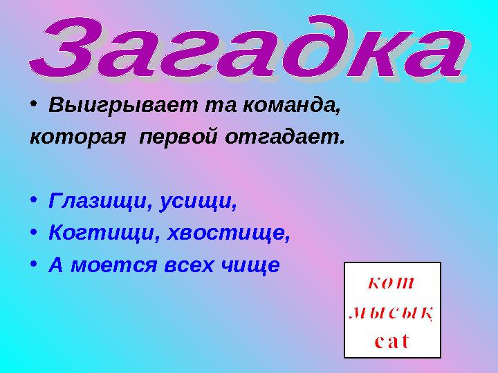 • Выигрывает та команда, которая первой отгадает. • Глазищи, усищи, • Когтищи, хвостище, • А моется всех чище