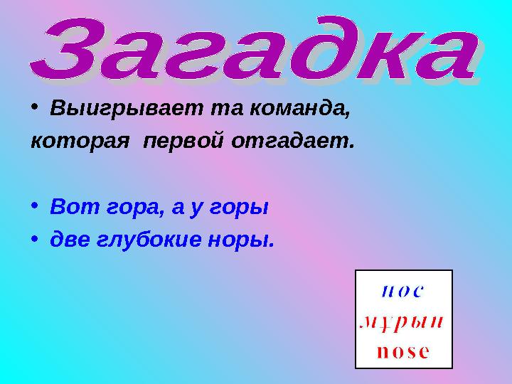 • Выигрывает та команда, которая первой отгадает. • Вот гора, а у горы • две глубокие норы.