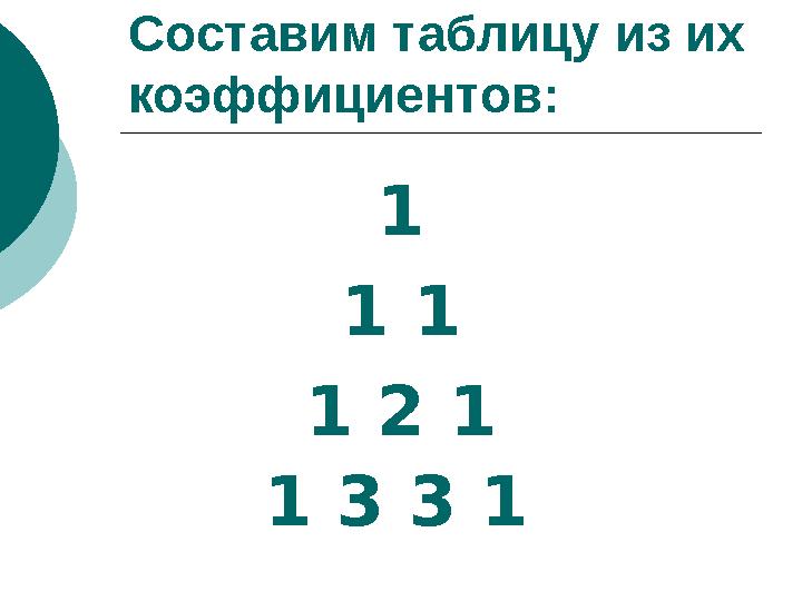 Составим таблицу из их коэффициентов: 1 1 1 1 2 1 1 3 3 1