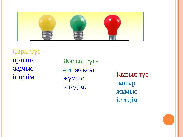 Жасыл түс- өте жақсы жұмыс істедім. Қызыл түс- нашар жұмыс істедім Сары түс – орташа жұмыс істедім