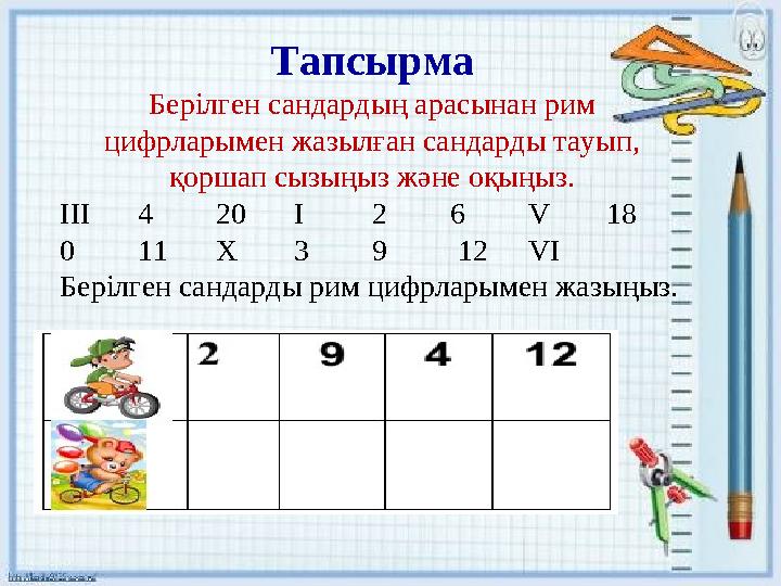 Тапсырма Берілген сандардың арасынан рим цифрларымен жазылған сандарды тауып, қоршап сызыңыз және оқыңыз. III4 20I 2 6 V 18