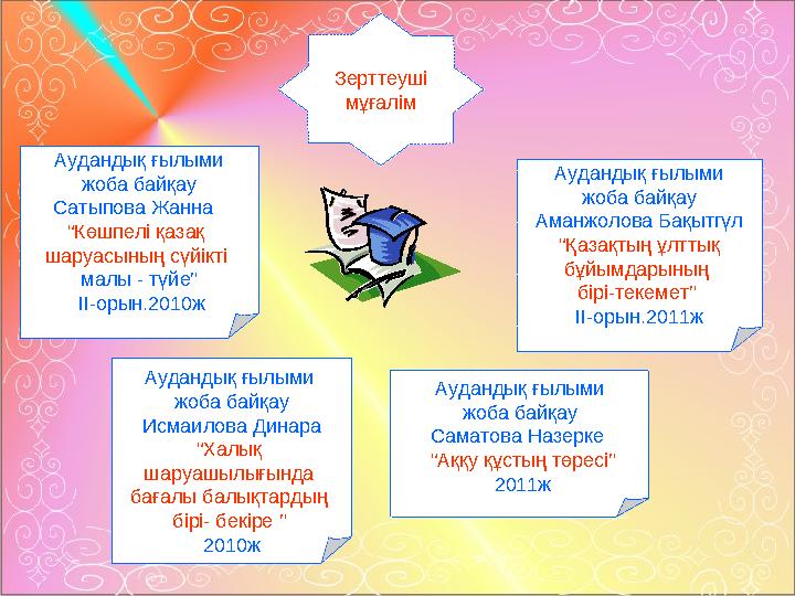 Зерттеуші мұғалім Аудандық ғылыми жоба байқау Сатыпова Жанна “Көшпелі қазақ шаруасының сүйікті малы - түйе” ІІ-орын.2010ж