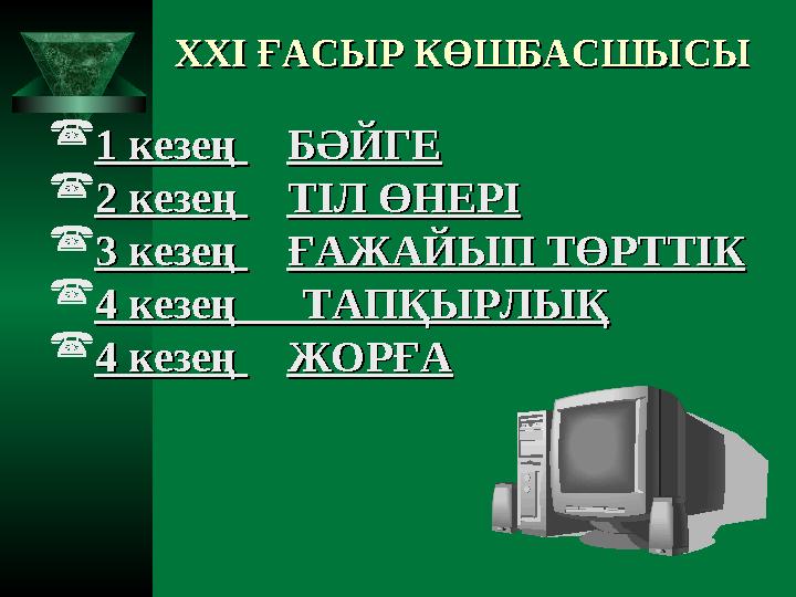 XXI XXI ҒАСЫР КӨШБАСШЫСЫҒАСЫР КӨШБАСШЫСЫ 1 кезең 1 кезең БӘЙГЕБӘЙГЕ 2 кезе2 кезең ң ТІЛ ӨНЕРІТІЛ ӨНЕРІ 3 кезең 3 кезең
