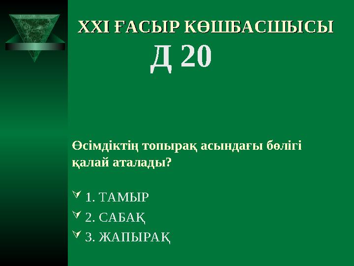 XXI XXI ҒАСЫР КӨШБАСШЫСЫҒАСЫР КӨШБАСШЫСЫ Д 20 Өсімдіктің топырақ асындағы бөлігі қалай аталады? 1. ТАМЫР 2. САБАҚ 3.