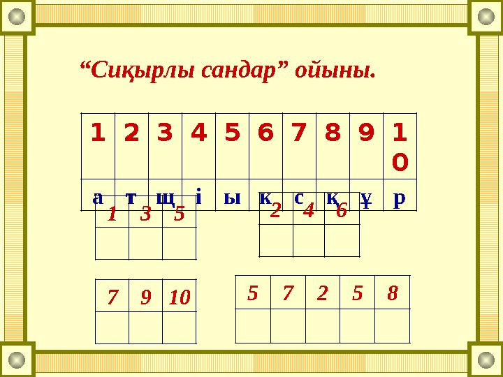 “Сиқырлы сандар” ойыны. 1234567891 0 атщіыксқұр 135 7910 246 57258