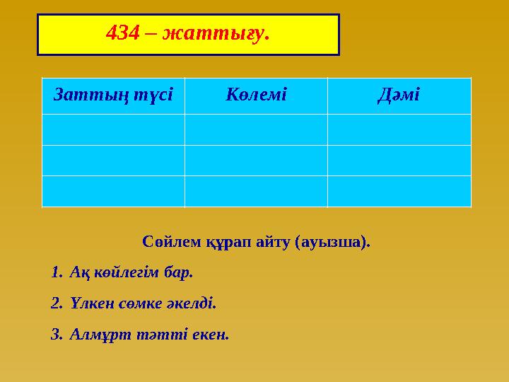 434 – жаттығу. Заттың түсі Көлемі Дәмі Сөйлем құрап айту (ауызша). 1.Ақ көйлегім бар. 2.Үлкен сөмке әкелді. 3.Алмұрт тәтті екен.