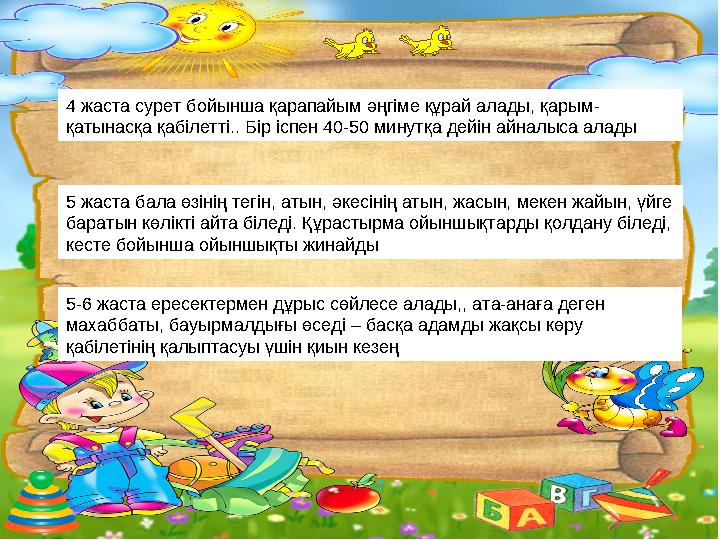 5 жаста бала өзінің тегін, атын, әкесінің атын, жасын, мекен жайын, үйге баратын көлікті айта біледі. Құрастырма ойыншықтарды қ