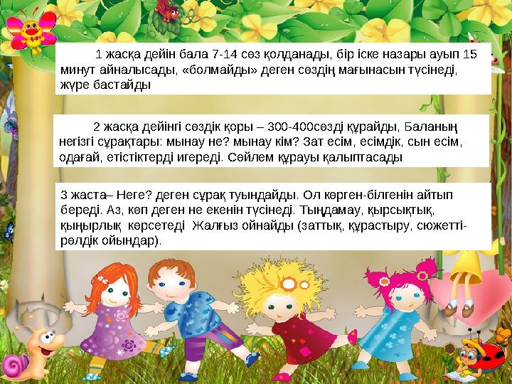 ТІЛ 1 жасқа дейін бала 7-14 сөз қолданады, бір іске назары ауып 15 минут айналысады, «болмайды» деген сөздің мағынасын түсіне