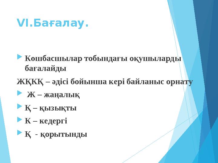 VI.Бағалау. Көшбасшылар тобындағы оқушыларды бағалайды ЖҚКҚ – әдісі бойынша кері байланыс орнату  Ж – жаңалық Қ –