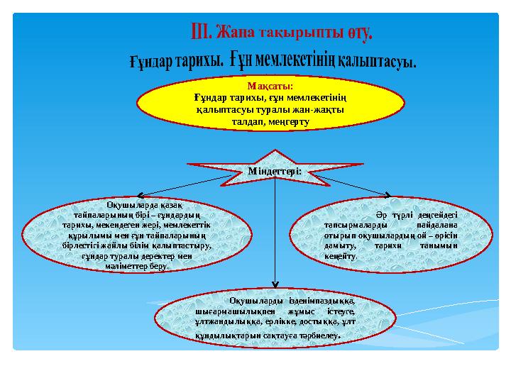 Мақсаты: Ғұндар тарихы, ғұн мемлекетінің қалыптасуы туралы жан-жақты талдап, меңгерту Оқушыларда қазақ тайпаларының