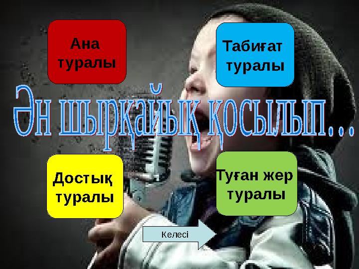 Табиғат туралы Туған жер туралы Ана туралы Достық туралы Келесі
