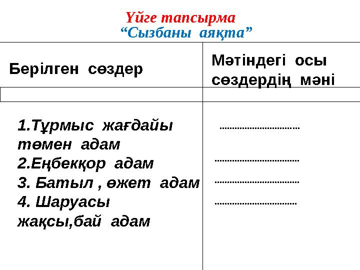 Үйге тапсырма “Сызбаны аяқта” 1.Тұрмыс жағдайы төмен адам 2.Еңбекқор адам 3. Батыл , өжет адам 4. Шаруасы жақсы,бай ад
