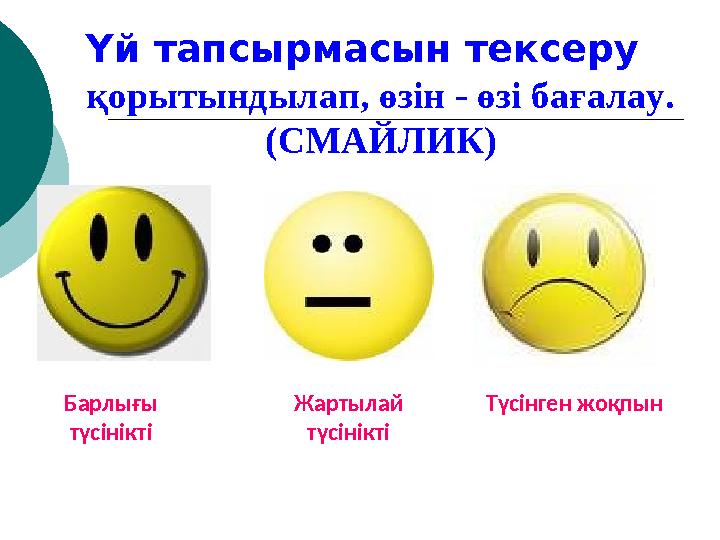 Түсінген жоқпынЖартылай түсінікті Барлығы түсінікті Үй тапсырмасын тексеру қорытындылап, өзін - өзі бағалау. (СМАЙЛИК)