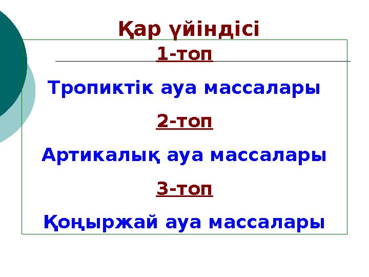 Қар үйіндісі 1-топ Тропиктік ауа массалары 2-топ Артикалық ауа массалары 3-топ Қоңыржай ауа массалары