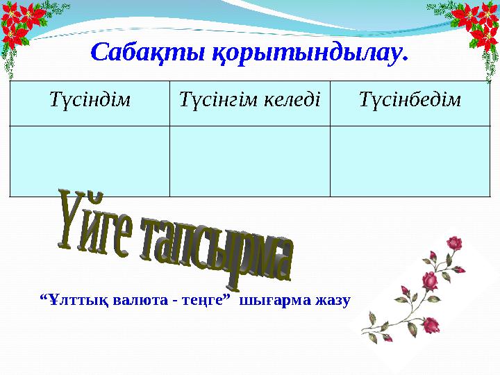 Сабақты қорытындылау. ТүсіндімТүсінгім келедіТүсінбедім “Ұлттық валюта - теңге” шығарма жазу