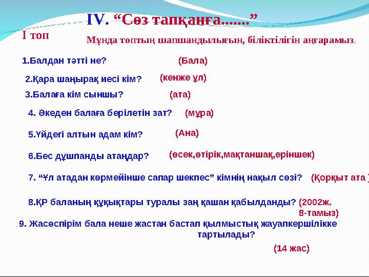 IV. “Сөз тапқанға.......” І топ Мұнда топтың шапшандылығын, біліктілігін аңғарамыз. 1.Балдан тәтті не? (Бала) 2.Қара шаңырақ иес