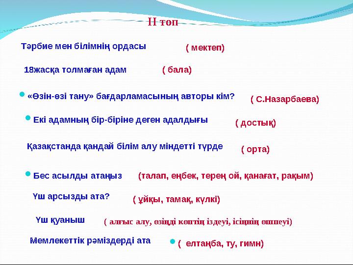 ІI топ Тәрбие мен білімнің ордасы ( мектеп) 18жасқа толмаған адам ( бала) «Өзін-өзі тану» бағдарламасының авторы кім? ( С.Наза