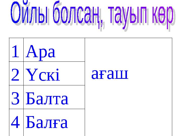 1Ара ағаш2Үскі 3Балта 4Балға