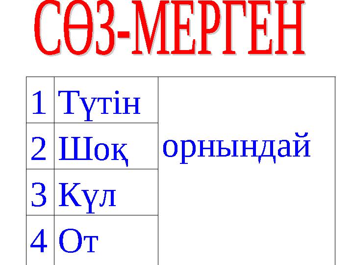 1Түтін орнындай2Шоқ 3Күл 4От