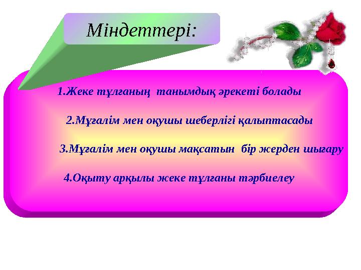 Міндеттері: 1.Жеке тұлғаның танымдық әрекеті болады 2.Мұғалім мен оқушы шеберлігі қалыптасады 3.Мұғалім м