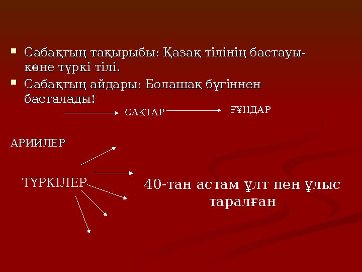  Сабақтың тақырыбы: Қазақ тілінің бастауы-Сабақтың тақырыбы: Қазақ тілінің бастауы- көне түркі тілі.көне түркі тілі.  Сабақ