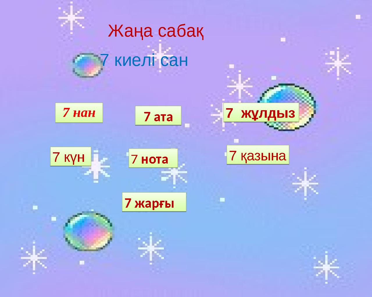 Жаңа сабақ 7 киелі сан 7+1=7 нан 7 нан 7+2= 7 ата 7 ата 7+3=7 жұлдыз 7 жұлдыз 7+47 күн 7 күн 7+57 нота 7 нота 7+67 қазына 7