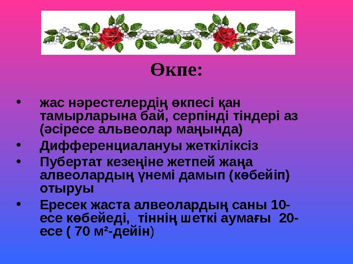 Өкпе: •жас нәрестелердің өкпесі қан тамырларына бай, серпінді тіндері аз (әсіресе альвеолар маңында) •Дифференциалануы жеткілі