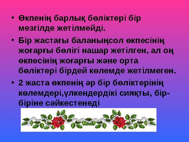 •Өкпенің барлық бөліктері бір мезгілде жетілмейді. •Бір жастағы баланыңсол өкпесінің жоғарғы бөлігі нашар жетілген, ал оң өкп