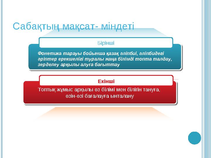 Сабақтың мақсат- міндеті Топтық жұмыс арқылы өз білімі мен білігін тануға, өзін-өзі бағалауға ынталану Топтық жұмыс арқылы ө
