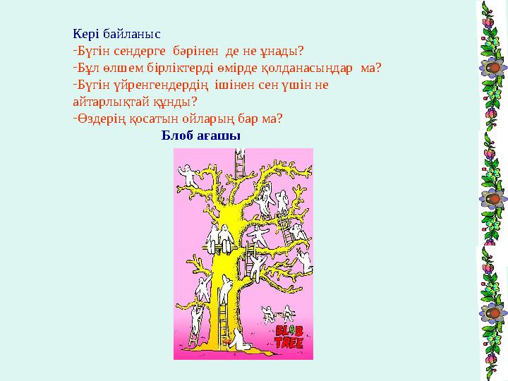 Кері байланыс -Бүгін сендерге бәрінен де не ұнады? -Бұл өлшем бірліктерді өмірде қолданасыңдар ма? -Бүгін үйренгендердің іші