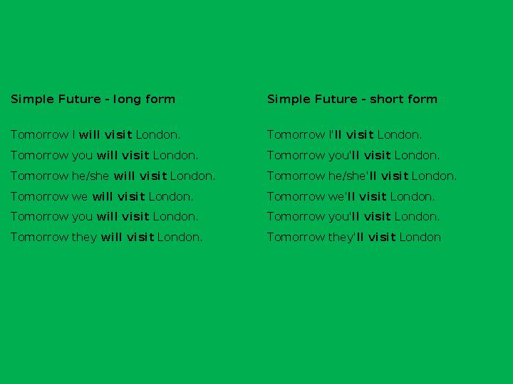 Simple Future - long form Simple Future - short form Tomorrow I will visit London. Tomorrow you will visit London. Tomorrow he/s