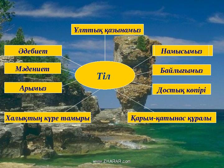 Тіл Ұлттық қазынамыз НамысымызӘдебиет Намысымыз Байлығымыз Достық көпірі Мәдениет Арымыз Халықтың күре тамыры Қарым-қатынас құра