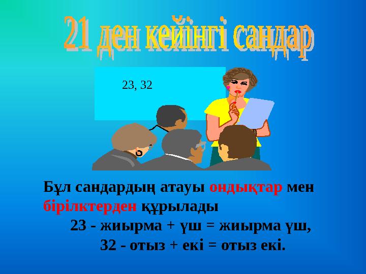 Бұл сандардың атауы ондықтар мен бірілктерден құрылады 23 - жиырма + үш = жиырма үш, 32 - отыз + екі = отыз екі. 23, 32