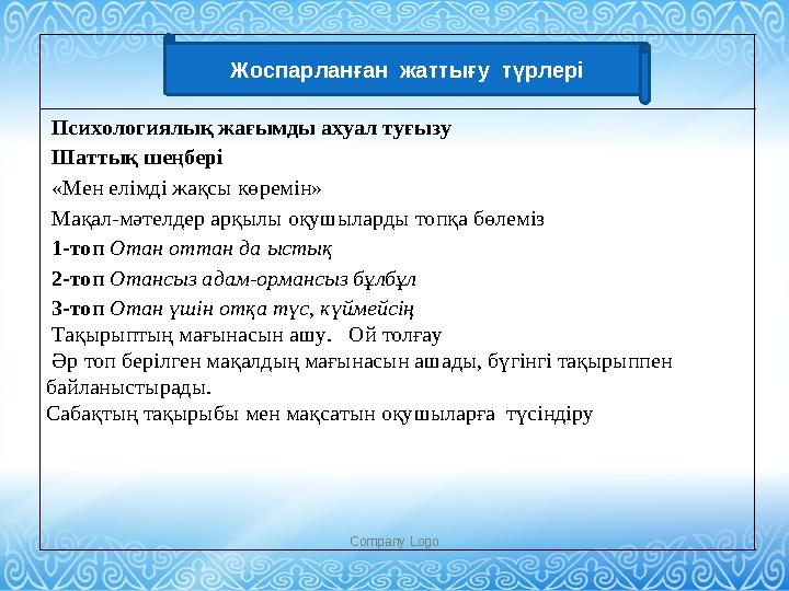 Company Logo ІҮ Республикалық Махамбет оқуларының қалалық кезеңі Сабақтың басы Психологиялық жағымды ахуал туғызу Шаттық шең