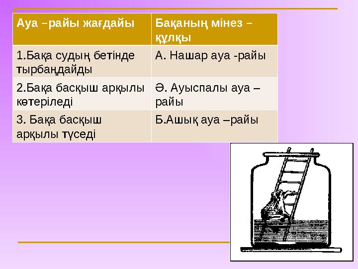 Ауа –райы жағдайы Бақаның мінез – құлқы 1.Бақа судың бетінде тырбаңдайды А. Нашар ауа -райы 2.Бақа басқыш арқылы көтеріледі Ә.