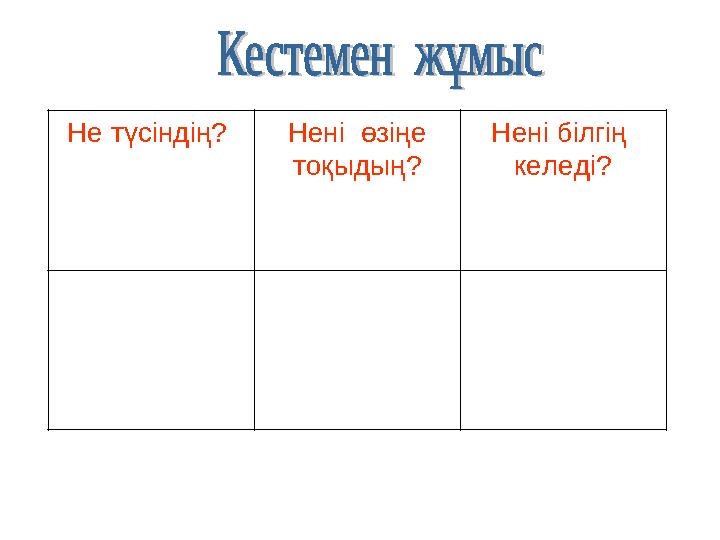 Не түсіндің? Нені өзіңе тоқыдың? Нені білгің келеді?