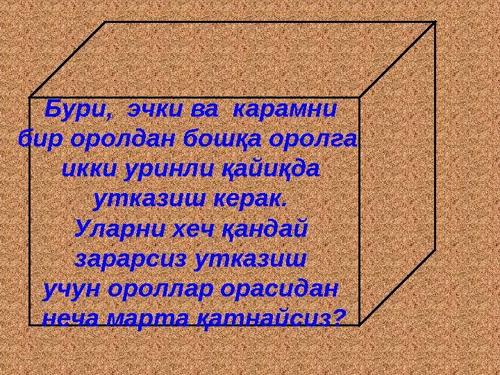 Бури, эчки ва карамни бир оролдан бошқа оролга икки уринли қайиқда утказиш керак. Уларни хеч қандай зарарсиз утказиш уч