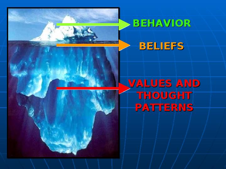 BEHAVIORBEHAVIOR BELIEFSBELIEFS VALUES ANDVALUES AND THOUGHTTHOUGHT PATTERNSPATTERNS