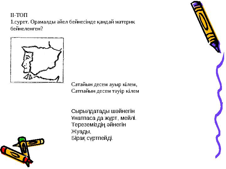 II - ТОП 1. сурет. Орамалды әйел бейнесінде қандай материк бейнеленген? Сатайын десем ауыр кілем, Сатпайын десем тәуір кілем