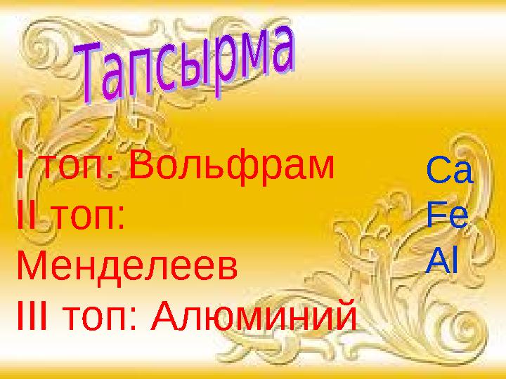 І топ: Вольфрам ІІ топ: Менделеев ІІІ топ: Алюминий Са Fe Al