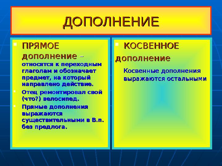 ДОПОЛНЕНИЕДОПОЛНЕНИЕ  ПРЯМОЕ ПРЯМОЕ дополнениедополнение – – относятся к переходным относятся к переходным глаголам и обоз