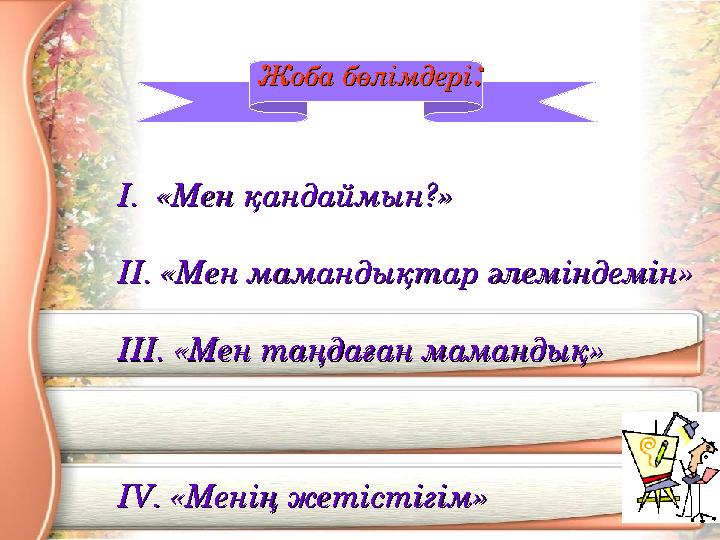 Жоба бөлімдеріЖоба бөлімдері:: I. «Мен қандаймын?» I. «Мен қандаймын?» II. «Мен мамандықтар әле