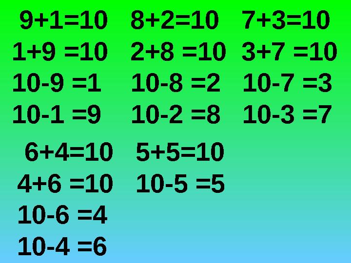9+1=10 8+2=10 7+3=10 1+9 =10 2+8 =10 3+7 =10 10-9 =1 10-8 =2 10-7 =3 10-1 =9 10-2 =8 10-3 =7 6+4=10 5+5=10 4