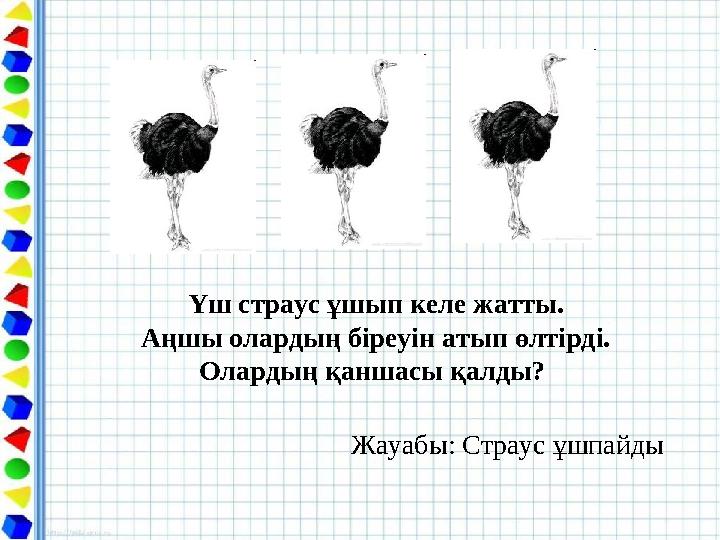 Үш страус ұшып келе жатты. Аңшы олардың біреуін атып өлтірді. Олардың қаншасы қалды? Жауабы: Страус ұшпайды