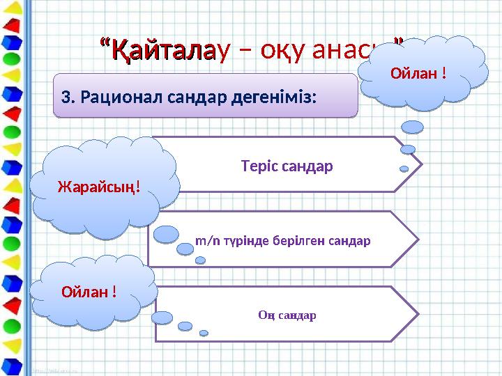 ““ҚайталаҚайталау – оқу анасы””3. Рационал сандар дегеніміз: 3. Рационал сандар дегеніміз: Теріс сандар m/n түрінде берілген